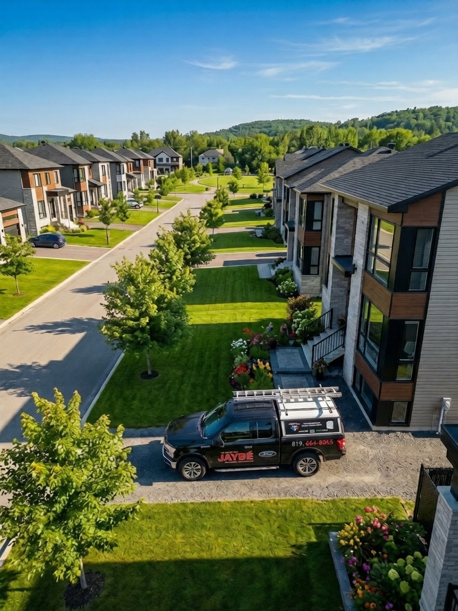 Drone view of a Thermo-Trap© installation truck at an Ottawa home