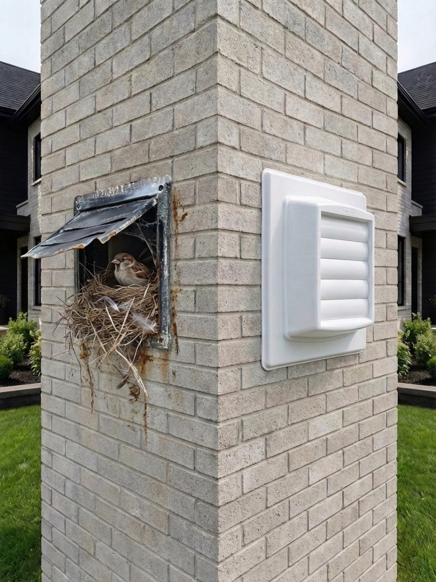 Bird nest buildup inside an exterior vent opening