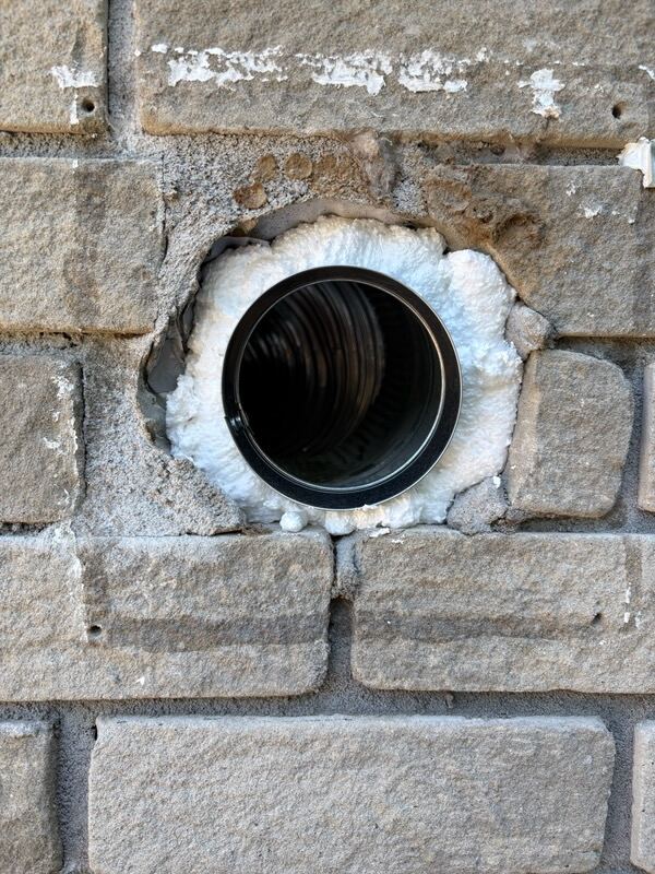 New duct collar centred and foam-sealed in the brick opening