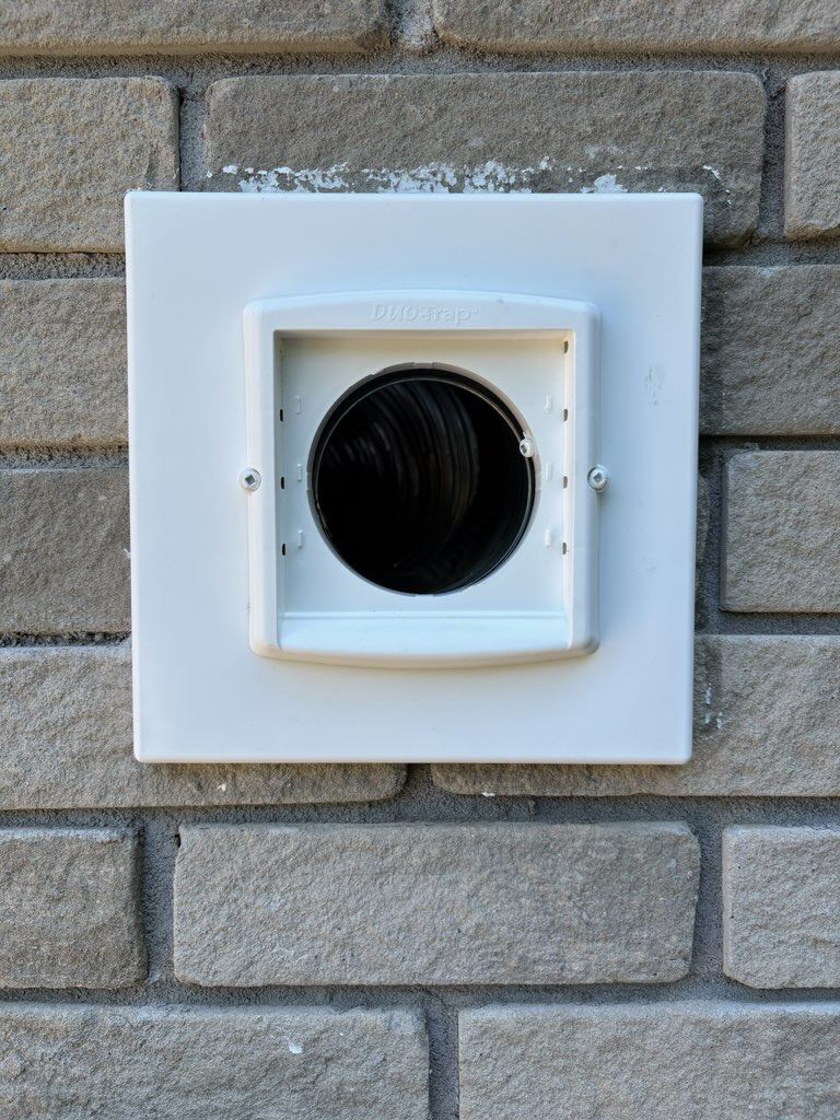 White mounting frame fastened to the brick over the sealed duct
