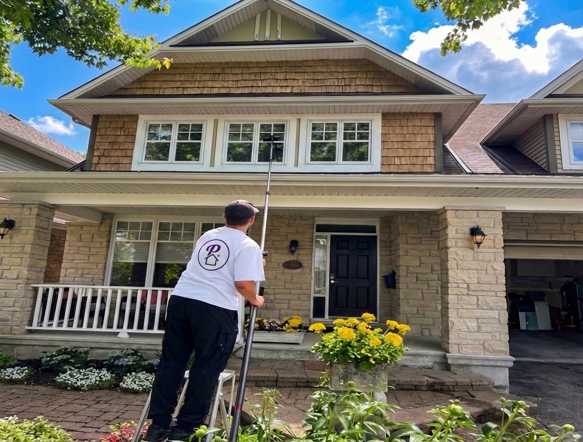 Technician cleaning upper-storey windows