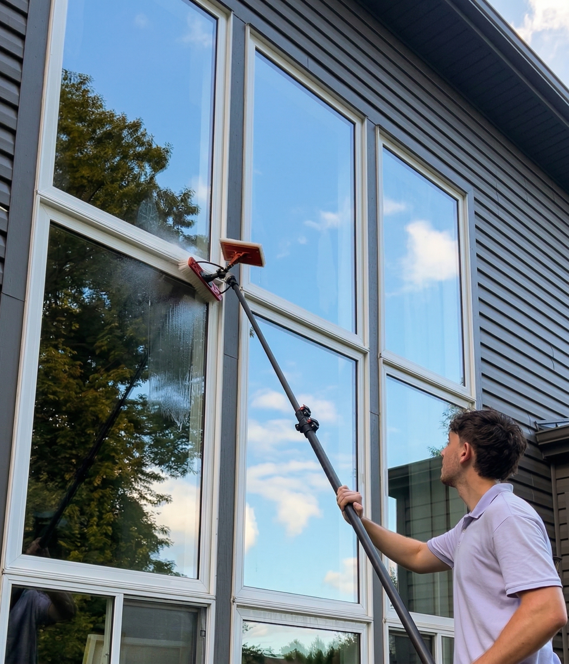 Professional window cleaning in progress