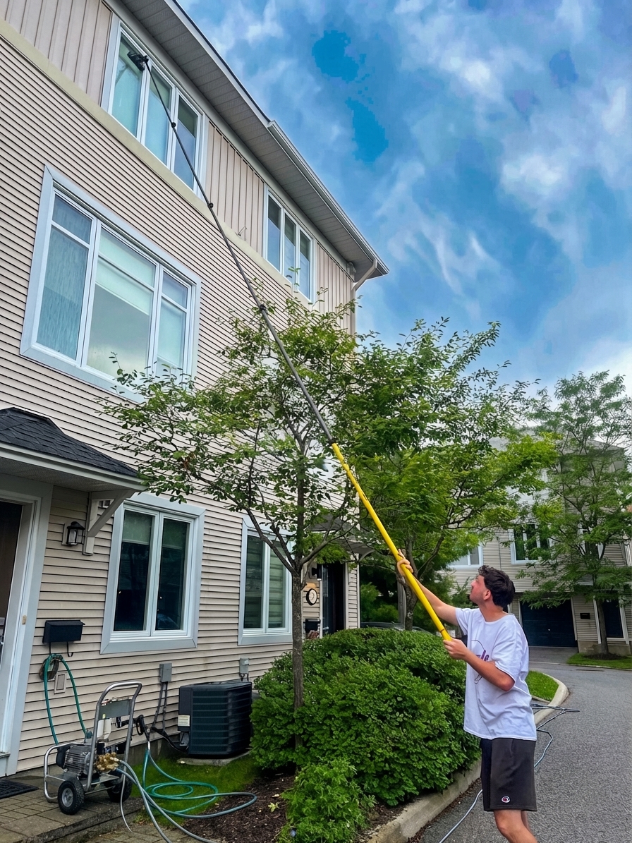 Technician cleaning large exterior windows